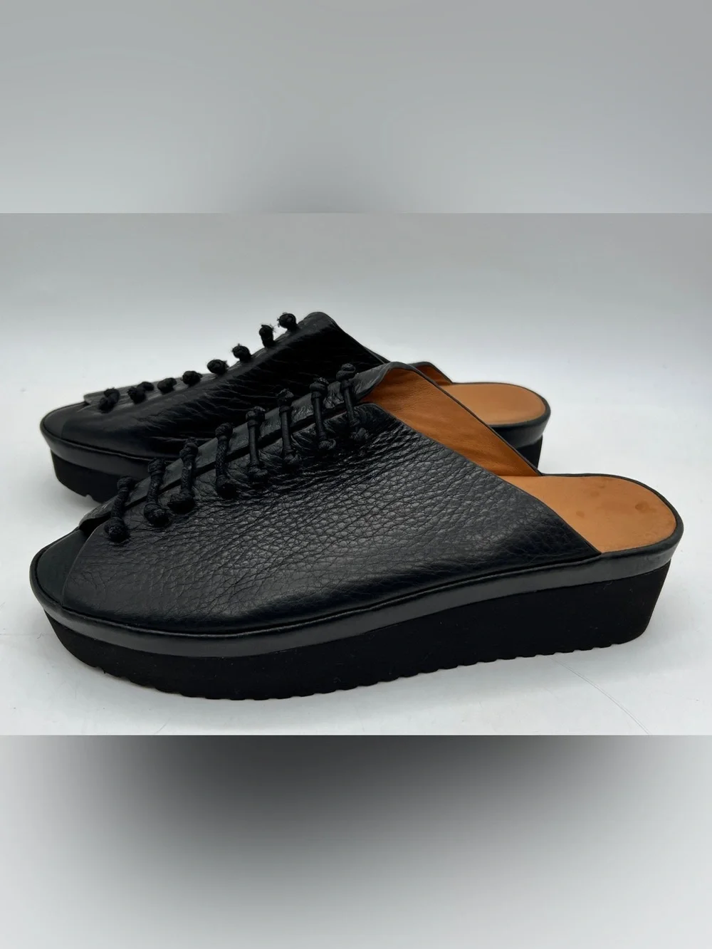 L’Amour Des Pieds Arienne Black Leather Lace-Up Wedge Mules Size 7
